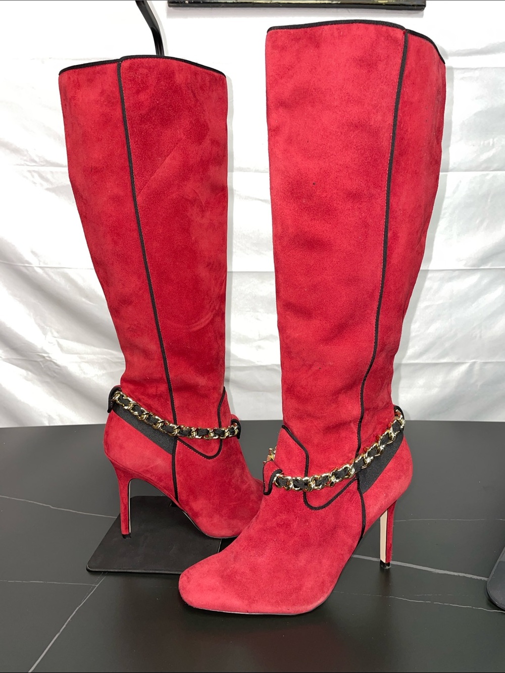 KARL LAGERFELD PARIS RED SUEDE KNEE HIGH HEELED BOOTS FTL-09-045